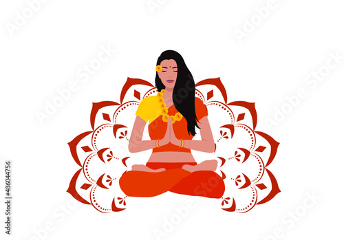 Indian girl pray or meditate in the lotus pose. Mandala vector. Vector illustration