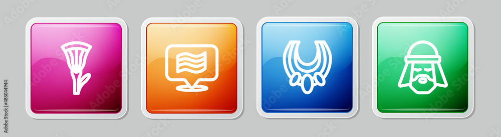 Set line Egyptian lotus, Flag Of, necklace and man. Colorful square button. Vector Set line Egyptian lotus, Flag Of, necklace and man. Colorful square button. Vector