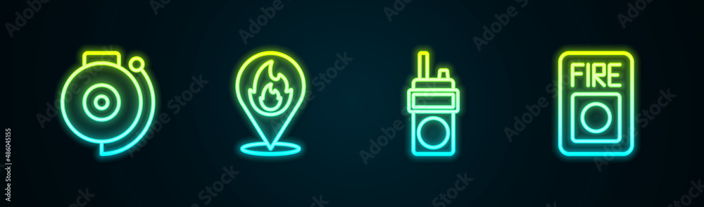 Set line Ringing alarm bell, Location with fire flame, Walkie talkie and Fire system. Glowing neon icon. Vector Set line Ringing alarm bell, Location with fire flame, Walkie talkie and Fire system. Glowing neon icon. Vector