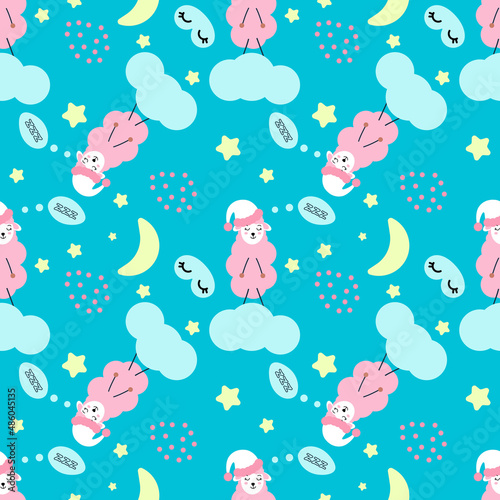Seamless Pattern. Sheep jumping. Cloud star in the sky. Cute cartoon kawaii funny smiling baby character. Wrapping paper  textile template. Nursery decoration. Blue background. Flat design Vector