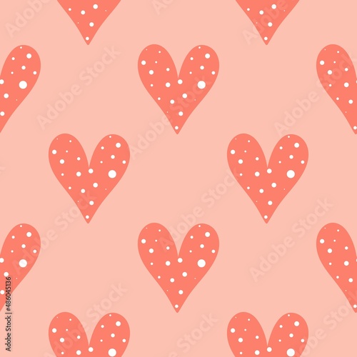 Beautiful coral seamless pattern with hearts vector illustration. Hearts with white dots background. Template for fabric, packaging, paper and design