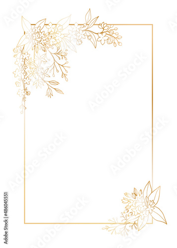 Decorative postcard template with a rectangular frame with bouquets of blooming branches of spring flowers for holiday design cards, congratulations, flyers, letterheads. 