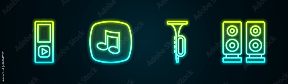 Set line Music player, note, tone, Trumpet and Stereo speaker. Glowing neon icon. Vector Set line Music player, note, tone, Trumpet and Stereo speaker. Glowing neon icon. Vector
