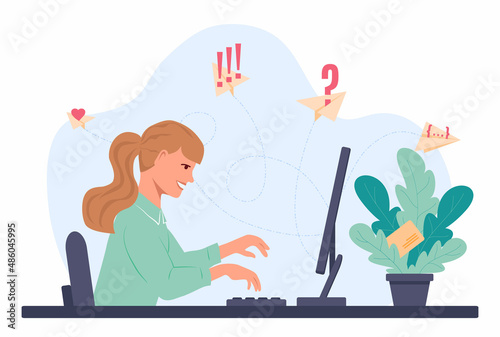 Smiling girl is sitting at the table and typing on the computer keyboard. Paper planes fly out of the monitor and fly in different directions. Woman send an email. Vector illustration in flat style