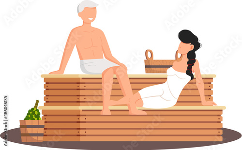 Cartoon people characters taking steam bath together. Flat vector illustration. Woman and man enjoying baths and steam, hammam with sauna whisk. Relax, health, bathhouse concept, wellness procedure
