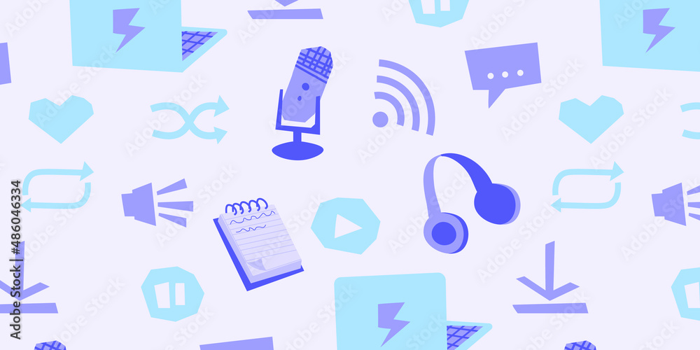 Podcast pattern. A collection of podcast characters: laptop, microphone, headphones, pause, start, volume. Hand-drawn vector elements.