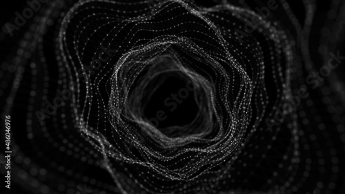 Abstract dynamic wireframe tunnel on black background. Deep wavy wormhole. Futuristic particle flow. 3d rendering.