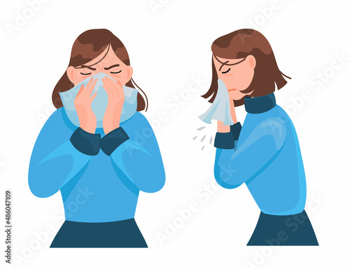 A woman with symptoms of a viral or allergic disease . Sneezing, coughing and runny nose. Symptoms of covid 19, omicron.