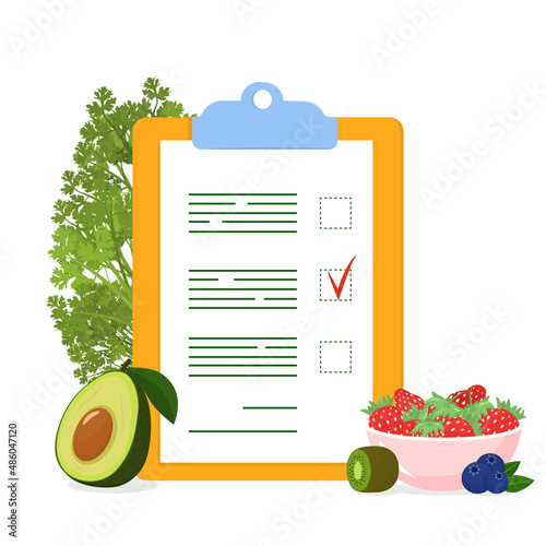 vector illustration on the topic of procurement and healthy nutrition. A reminder sheet with vegetables, fruits and berries lying next to it