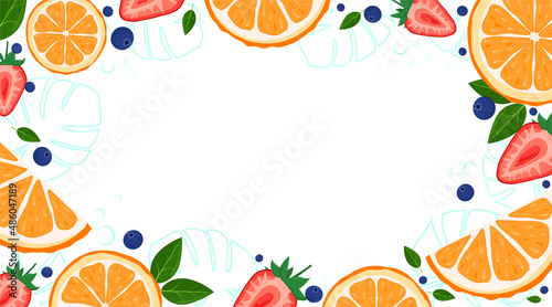 colorful summer vector banner with orange, blueberry and strawberry on a white background