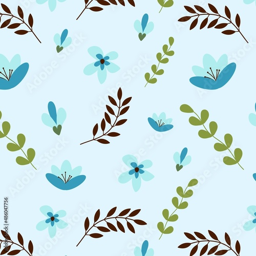 Wallpaper Mural Blue flowers and green, brown leaves seamless pattern on blue pastel background. For textile, print, wallpaper, brand. Torontodigital.ca