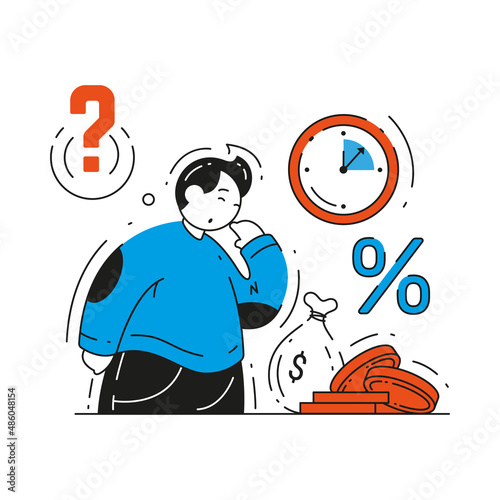 Pensive man thinking about credit to continue business in economic crisis microloan concept vector flat illustration. Unhappy entrepreneur trying get bank small loan need for short term money isolated