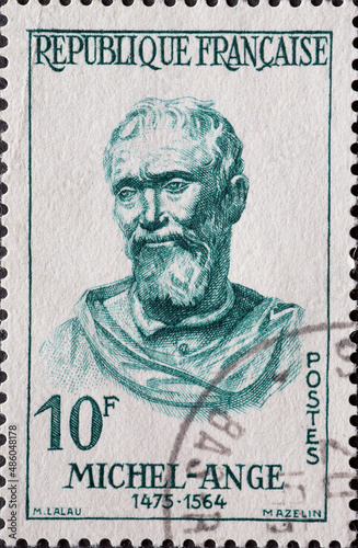 France - circa 1957: a postage stamp from France , showing the portrait of the painter and sculptor Michelangelo Buonarroti (1475-1564)