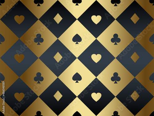 Black and gold seamless pattern fabric poker table. Minimalistic casino vector background rhomb texture card symbol. Wrapping paper texture