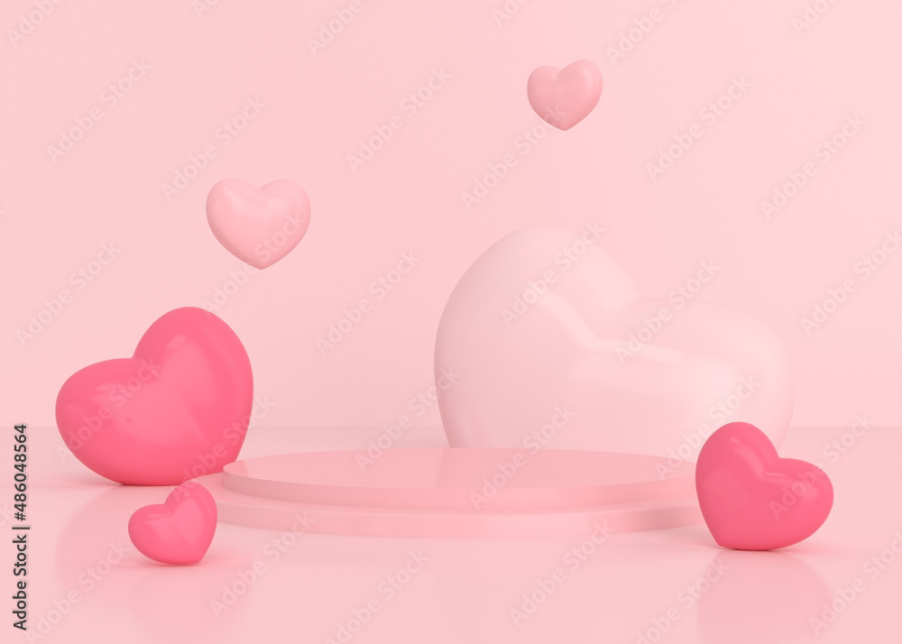 Minimal abstract scene with podium and love shapes on pink background. Minimal scene  for product presentation.