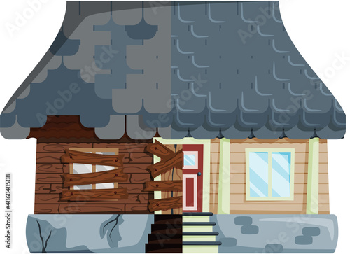 Home renovation, house before and after repair. New and old suburban cottage. Remodel construction. Old run-down house remodeled into cute traditional suburban cottage. Building maintenance service