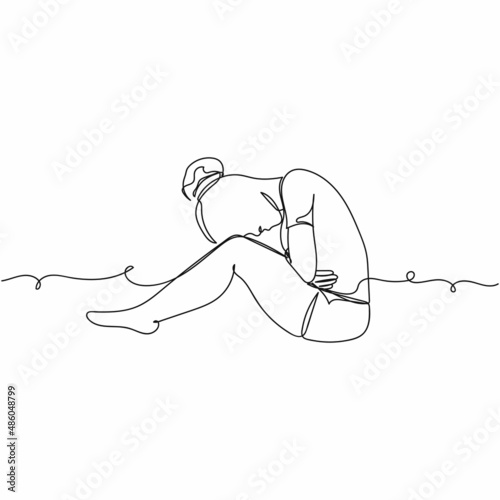 Continuous one simple single abstract line drawing of woman in holding her belly suffering menstrual period icon in silhouette on a white background. Linear stylized.