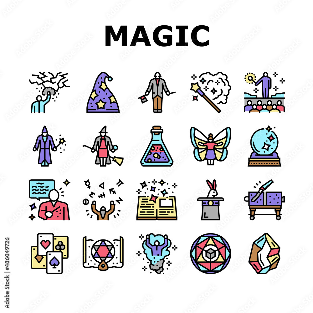 Fototapeta premium Magic Performing And Accessories Icons Set Vector. Rabbit In Hat Illusionist Magic Focus And Show, Crystal And Book, Card And Sphere, Potion Liquid And Fairy Line. Color Illustrations