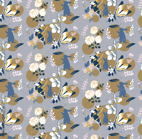 Seamless pattern with flowers and rabbits on the purple background