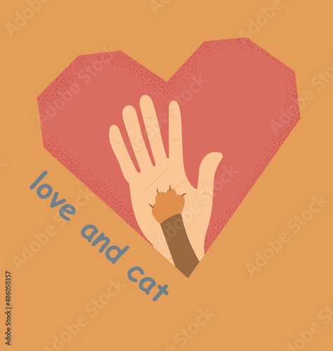 illustration on the theme of love for a cat. depicts a human palm and a cat's paw on the background of the heart