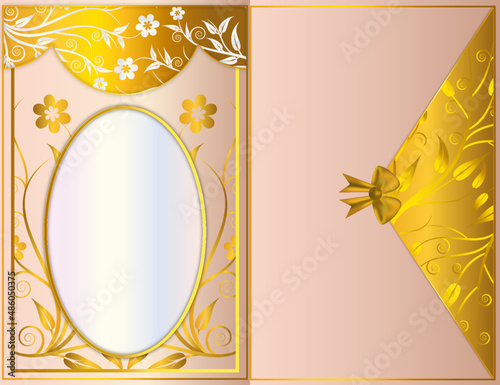  Golden double wedding invitation card vector with frame ornament on rose quartz color background