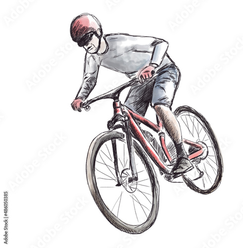 cyclists on mountain bike, hand-painted digital color illustration 
