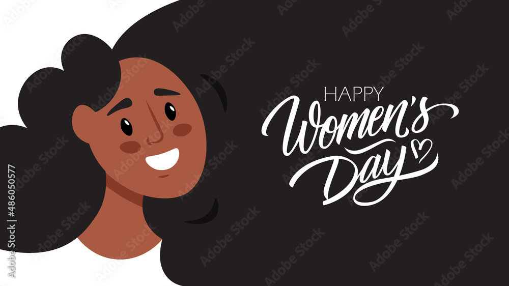 Women's Day celebrate banner with hand lettering greetings Happy Women's Day. Vector illustration.