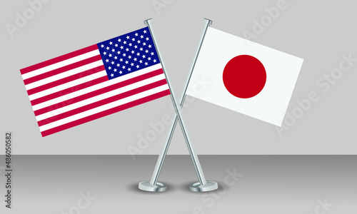 Crossed flags of United State of America (USA) and Japan. Official colors. Correct proportion. Banner design