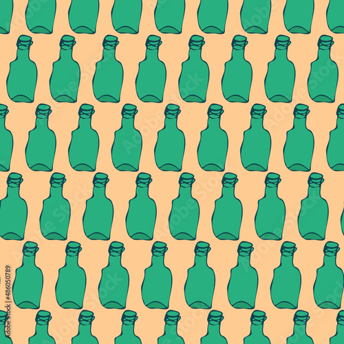 empty green glass bottles seamless vector pattern