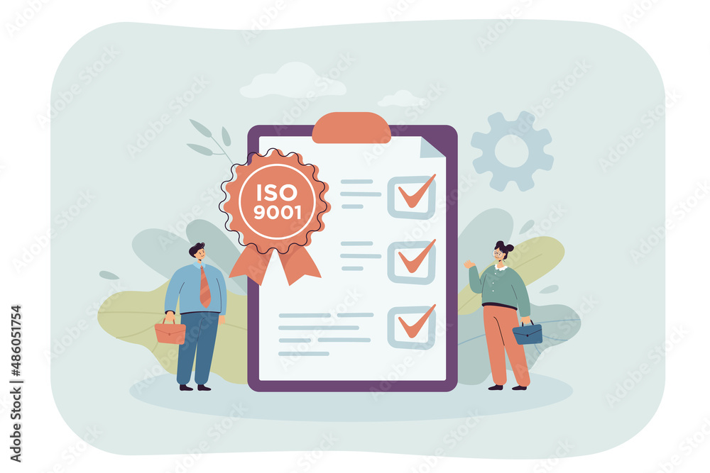 Tiny cartoon office people standing next to ISO certificate. Document with international standards flat vector illustration. Quality control or management, industry concept for banner, website design Tiny cartoon office people standing next to ISO certificate. Document with international standards flat vector illustration. Quality control or management, industry concept for banner, website design