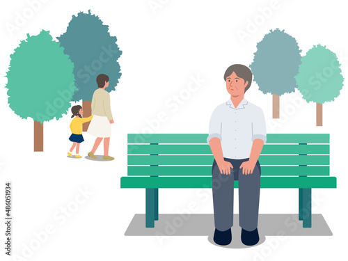 仕事を失って公園のベンチでぼーっとする男性のベクターイラスト