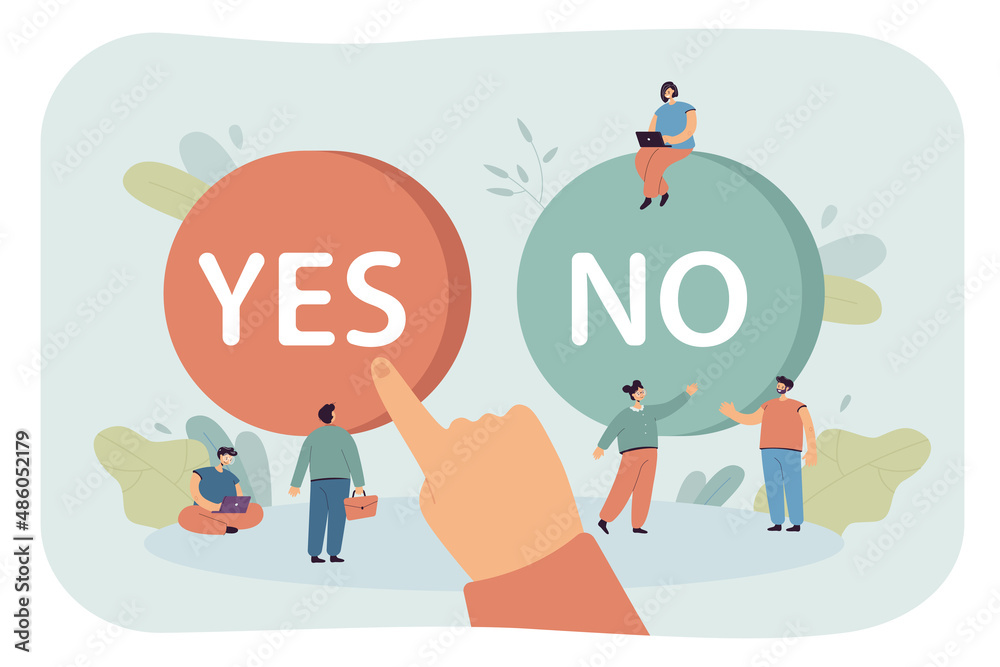 Giant hand of man choosing between yes and no button. Person pushing one of two buttons, tiny young people flat vector illustration. Dilemma, choice concept for banner, website design or landing page