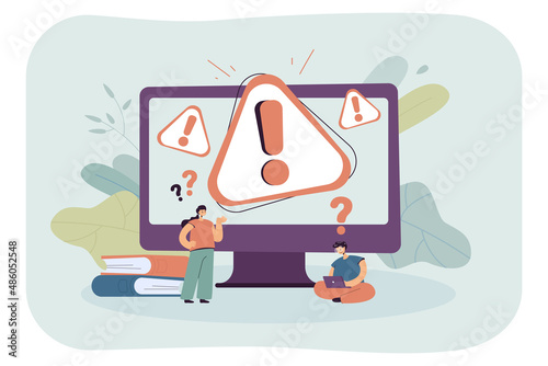 Tiny cartoon persons with error on computer screen. Warning on web page, system alert or mistake, wrong site flat vector illustration. Technology, warning concept for banner or website design