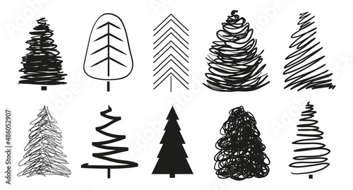 Christmas trees on white. Set for icons on isolated background. Geometric art. Objects for polygraphy, posters, t-shirts and textiles. Black and white illustration