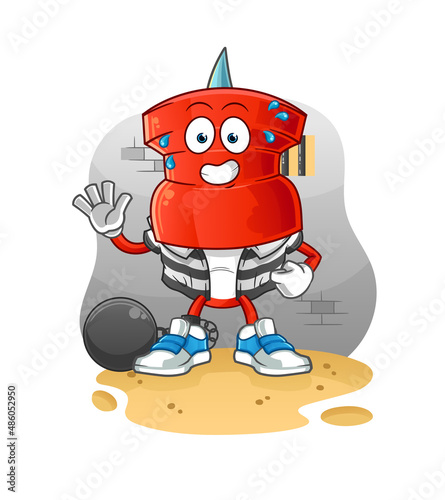 push pin head cartoon criminal in jail. cartoon character
