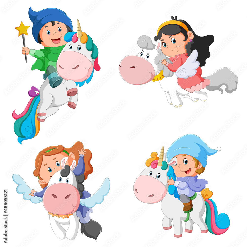The collection of the fairy flying with the cute unicorn The collection of the fairy flying with the cute unicorn