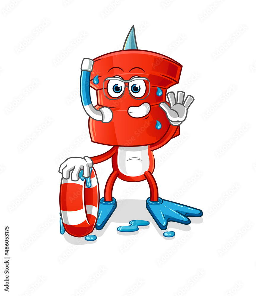 Fototapeta premium push pin head cartoon swimmer with buoy mascot. cartoon vector