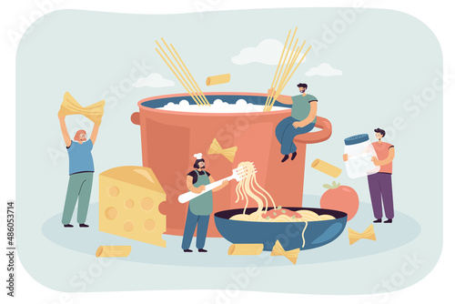 Tiny female cook with spaghetti in huge plate. Male character cooking pasta in hot water, process of making dinner in restaurant flat vector illustration. Food, traditional Italian cuisine concept