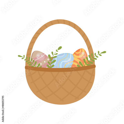 Illustration of cartoon basket with easter eggs. Happy Easter!