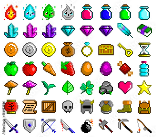 Pixel art vector icons set. Game assets - food, flasks, gems, tools, armor, weapons, coins, elementals. 56 items for various design purposes photo