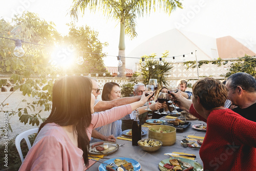 Fényképezés Happy family cheering with red wine at barbecue dinner outdoor - Left woman hand