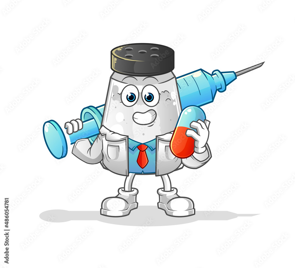salt shaker doctor holding medichine and injection