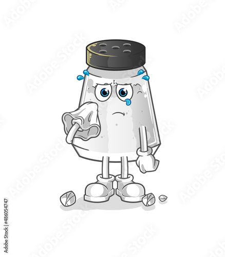 salt shaker cry with a tissue. cartoon mascot vector