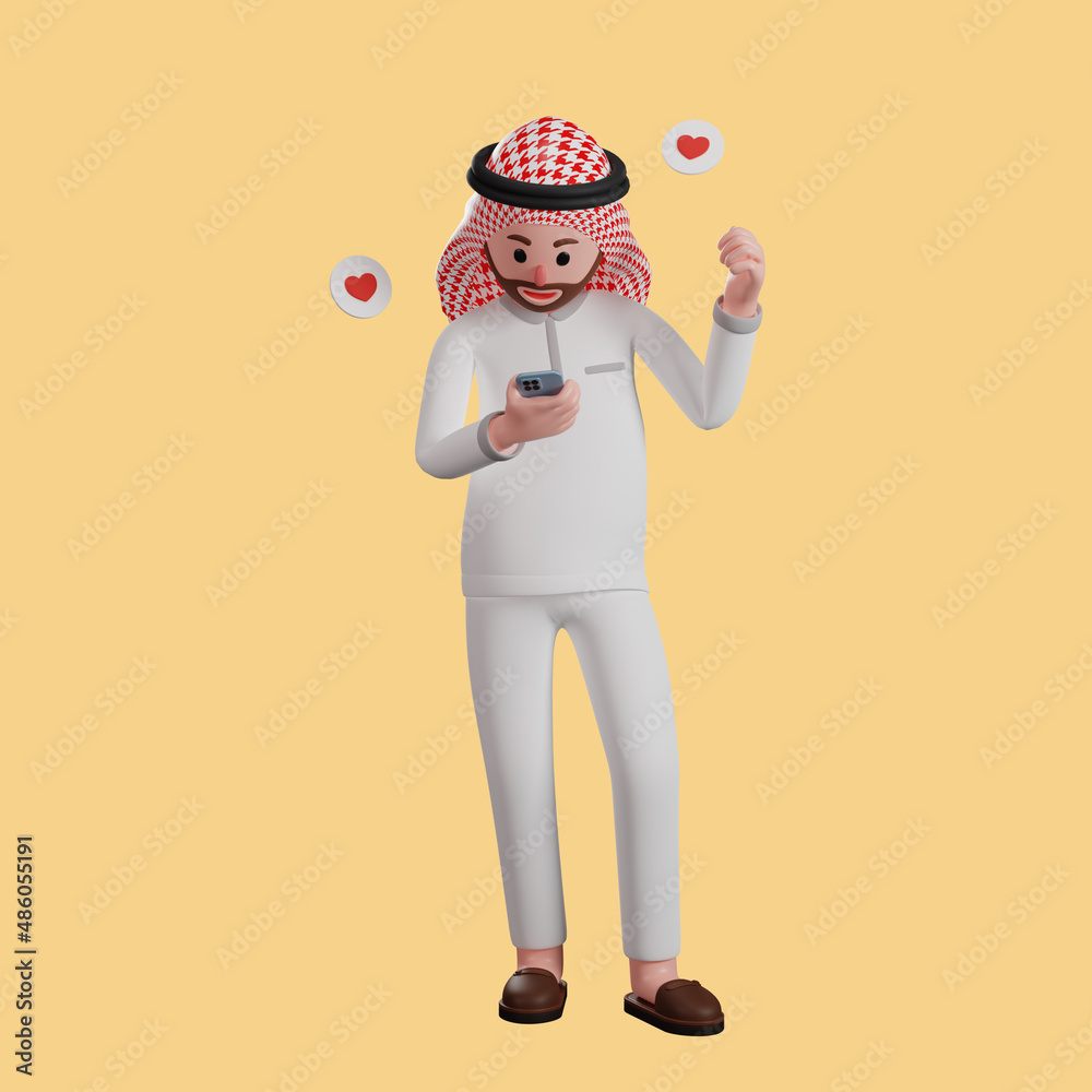 3d muslim man with his smartphone. 3d character illustration. 3d muslim man with his smartphone. 3d character illustration.
