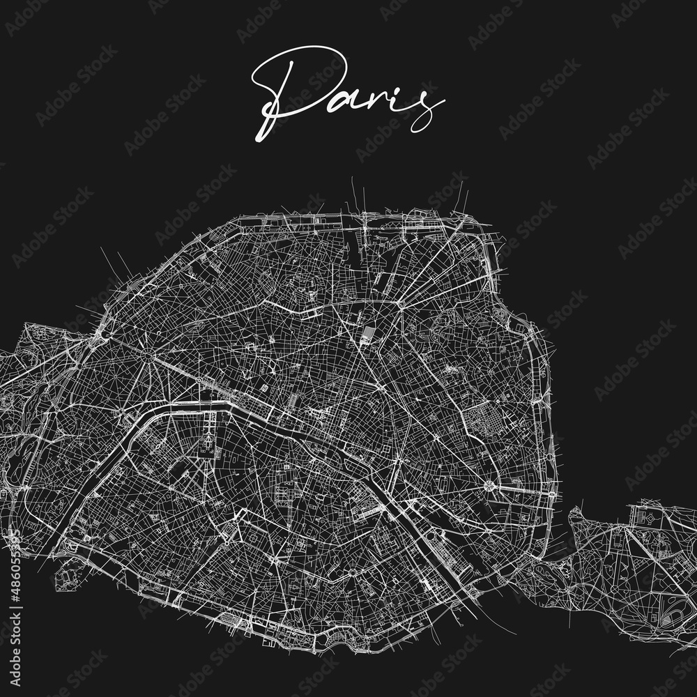 Paris city black and white map. Map of Paris France. Black and white ...