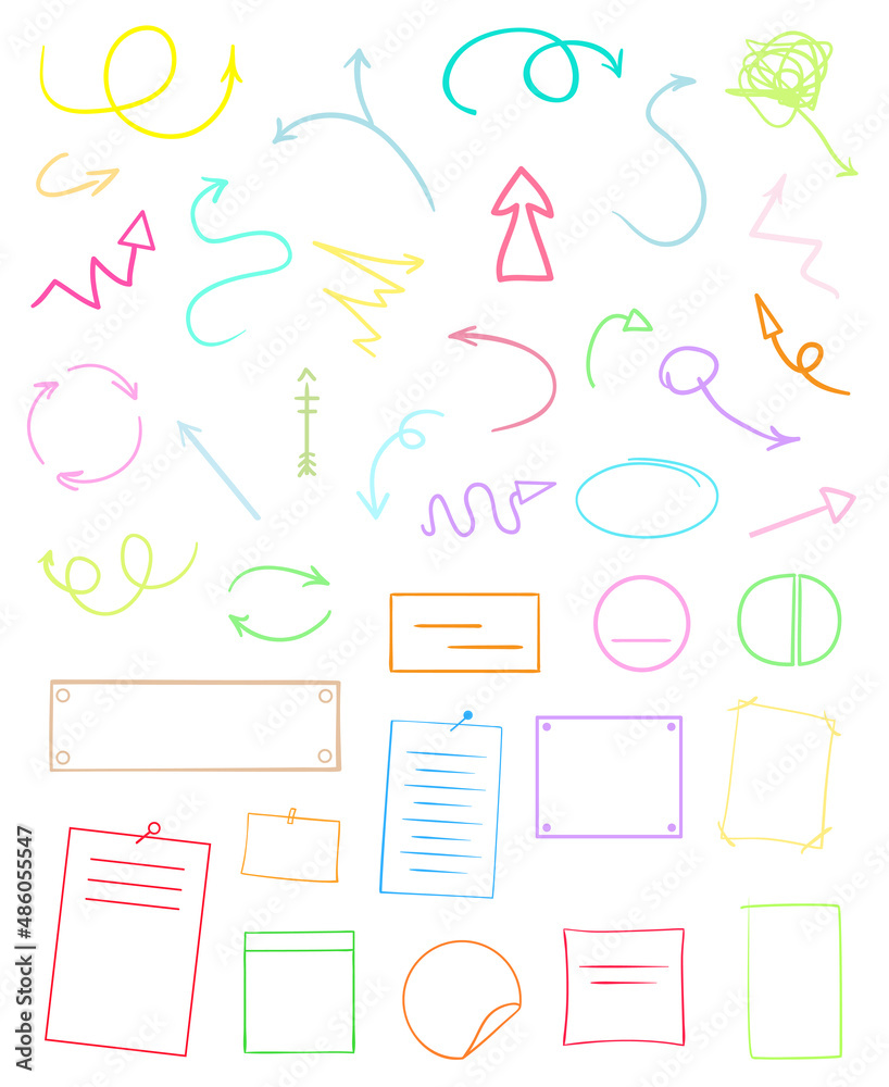 Infographic tables on isolated background. Collection of colorful desks on white. Arrows for design. Hand drawn simple signs
