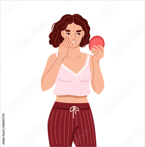 Acne, spotty skin. Woman looking in round mirror. Skincare, skin problems, pimples concept. Symptom of pms. Hand drawn cartoon character. Vector flat isolated illustration.
