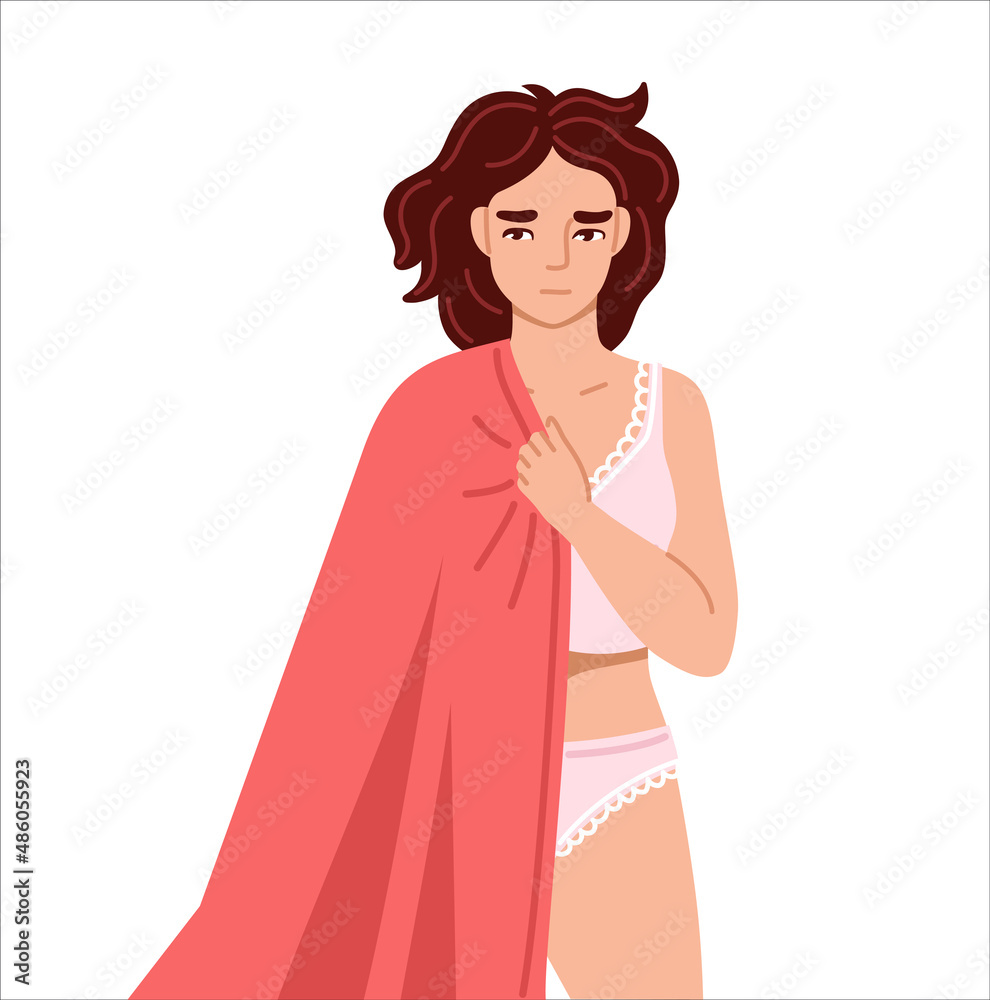 Sleepy tired woman holding blanket or plaid, suffering from insomnia, sleep disorder. Drowsiness and sleepiness. Cartoon character. Vector hand drawn flat illustration. Sleepy tired woman holding blanket or plaid, suffering from insomnia, sleep disorder. Drowsiness and sleepiness. Cartoon character. Vector hand drawn flat illustration.