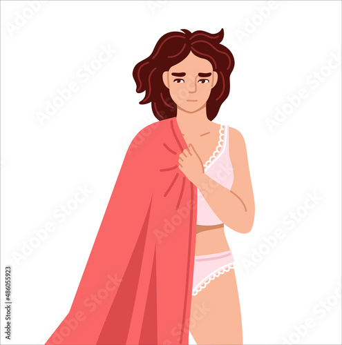 Sleepy tired woman holding blanket or plaid, suffering from insomnia, sleep disorder. Drowsiness and sleepiness. Cartoon character. Vector hand drawn flat illustration.