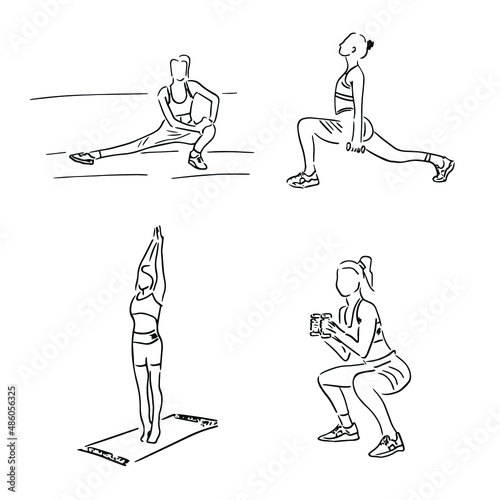 Doodle line illustration of a woman in a sports top and leggings doing squats with dumbbells, doing exercises in the morning, sports in people's lives